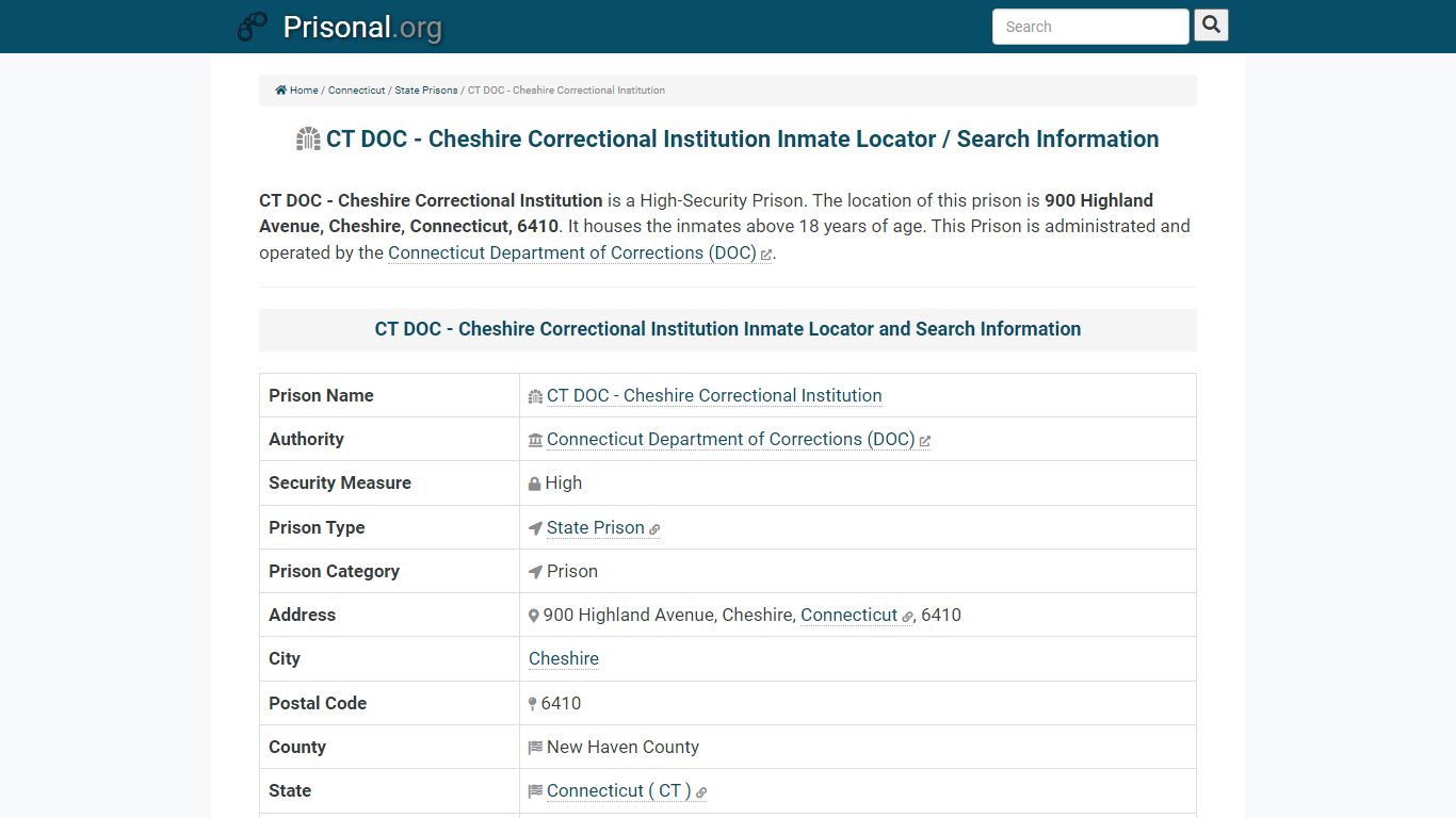 CT DOC - Cheshire Correctional Institution-Inmate Locator ...